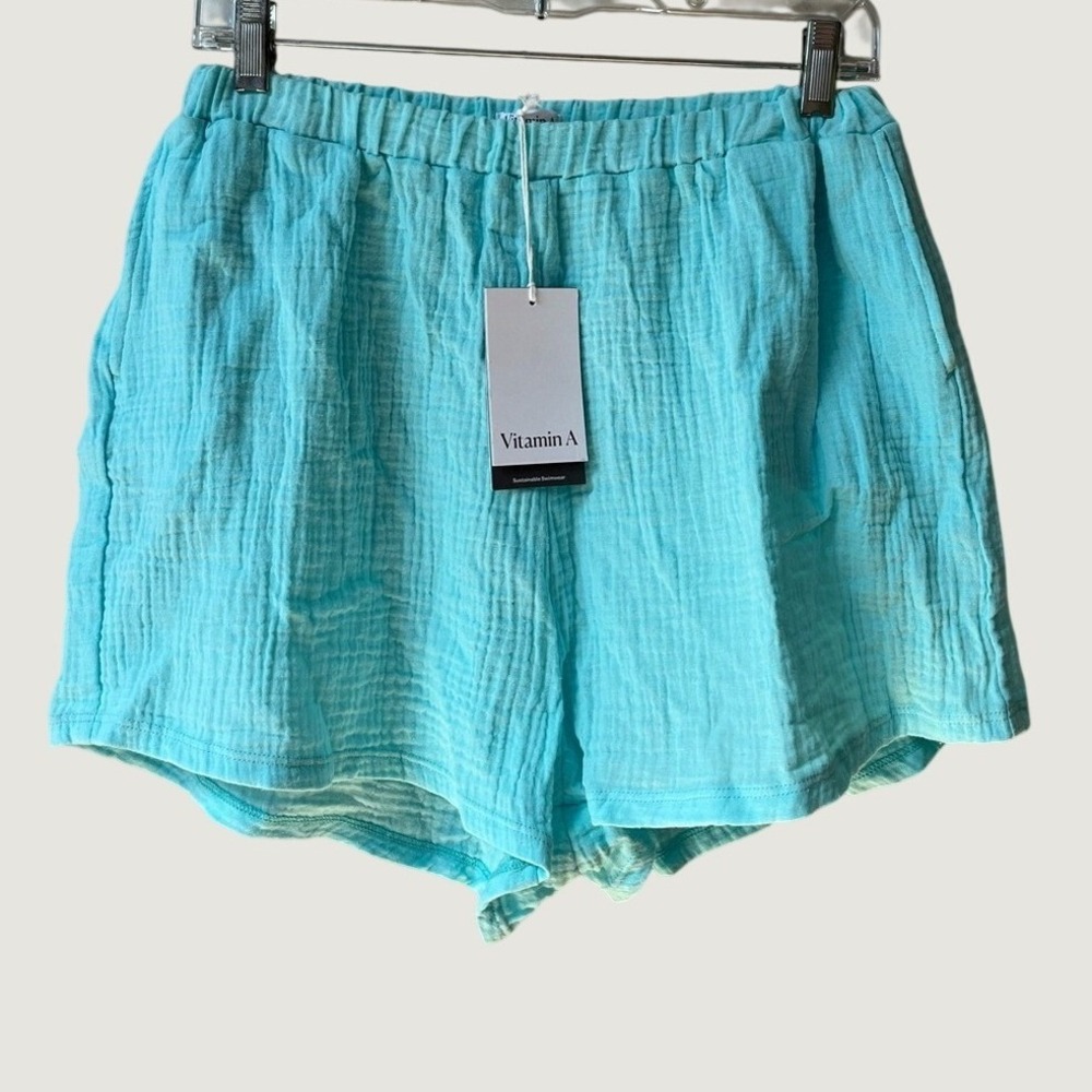 Vitamin A Aqua Blue Cotton Gauze High Rise Cover Up Shorts Womens Medium NWT